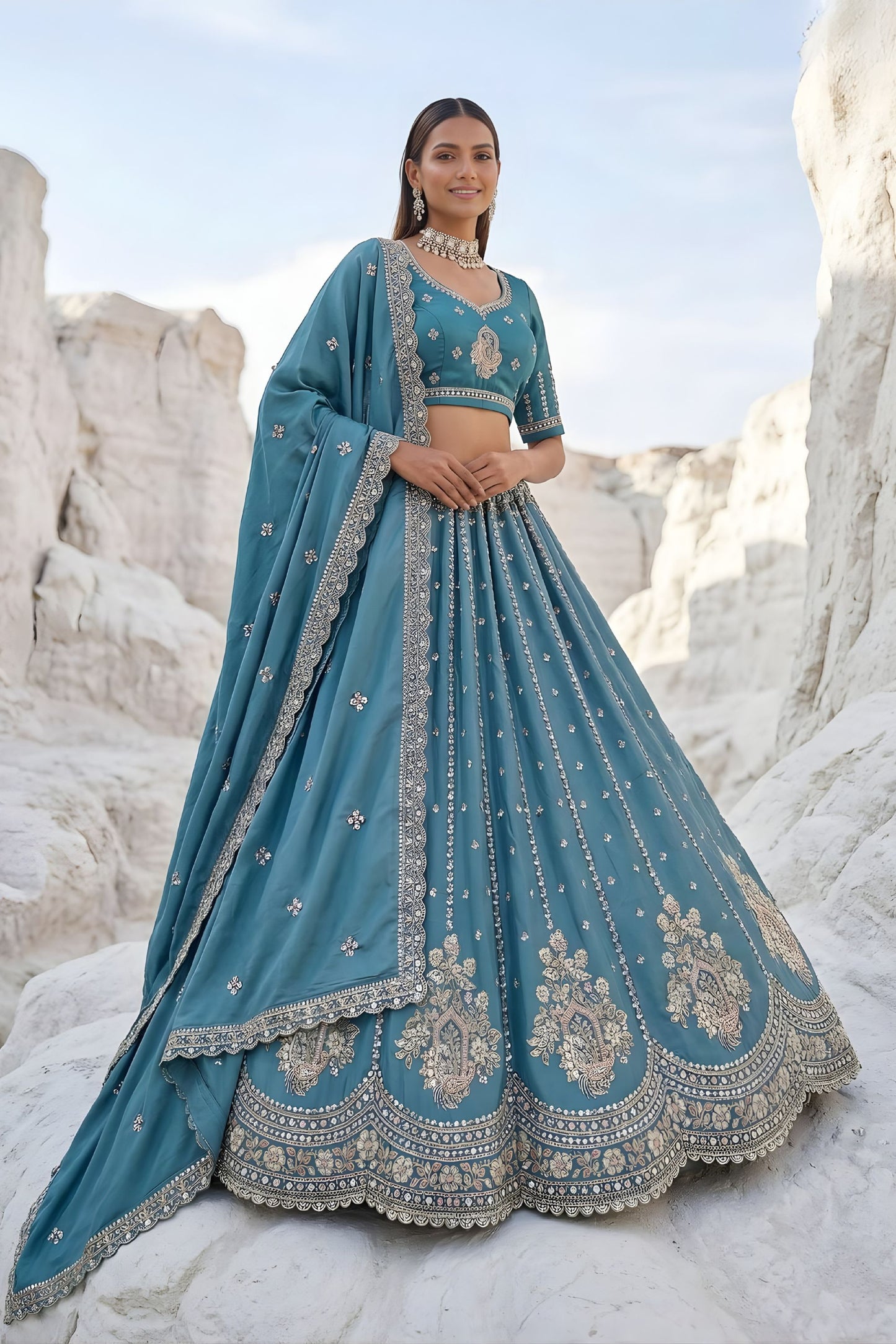 Elegant Teal Blue Cadbury Silk Lehenga Choli Designer Dupatta for Wedding