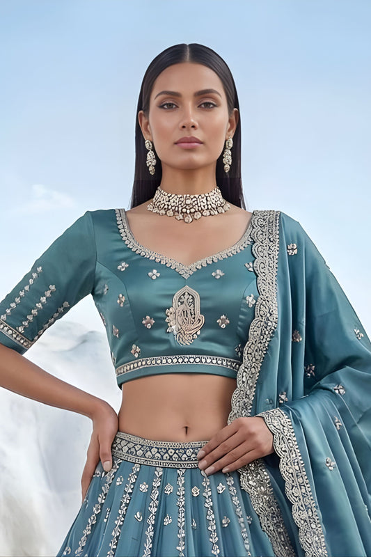 Elegant Teal Blue Cadbury Silk Lehenga Choli Designer Dupatta for Wedding