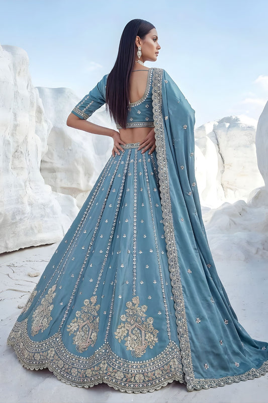Elegant Teal Blue Cadbury Silk Lehenga Choli Designer Dupatta for Wedding