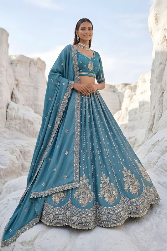 Elegant Teal Blue Cadbury Silk Lehenga Choli Designer Dupatta for Wedding