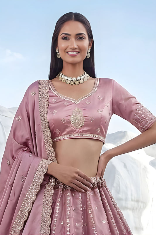 Elegant Dusty Pink Cadbury Silk Lehenga Choli Designer Dupatta for Wedding