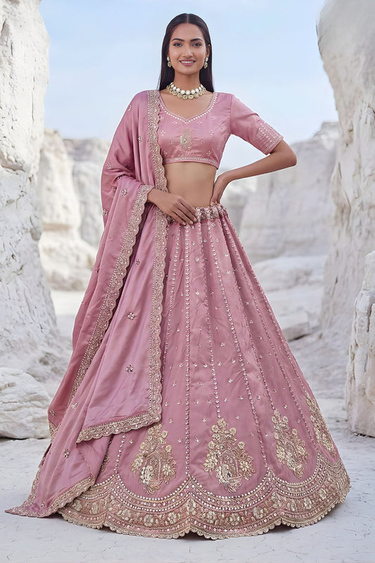 Elegant Dusty Pink Cadbury Silk Lehenga Choli Designer Dupatta for Wedding