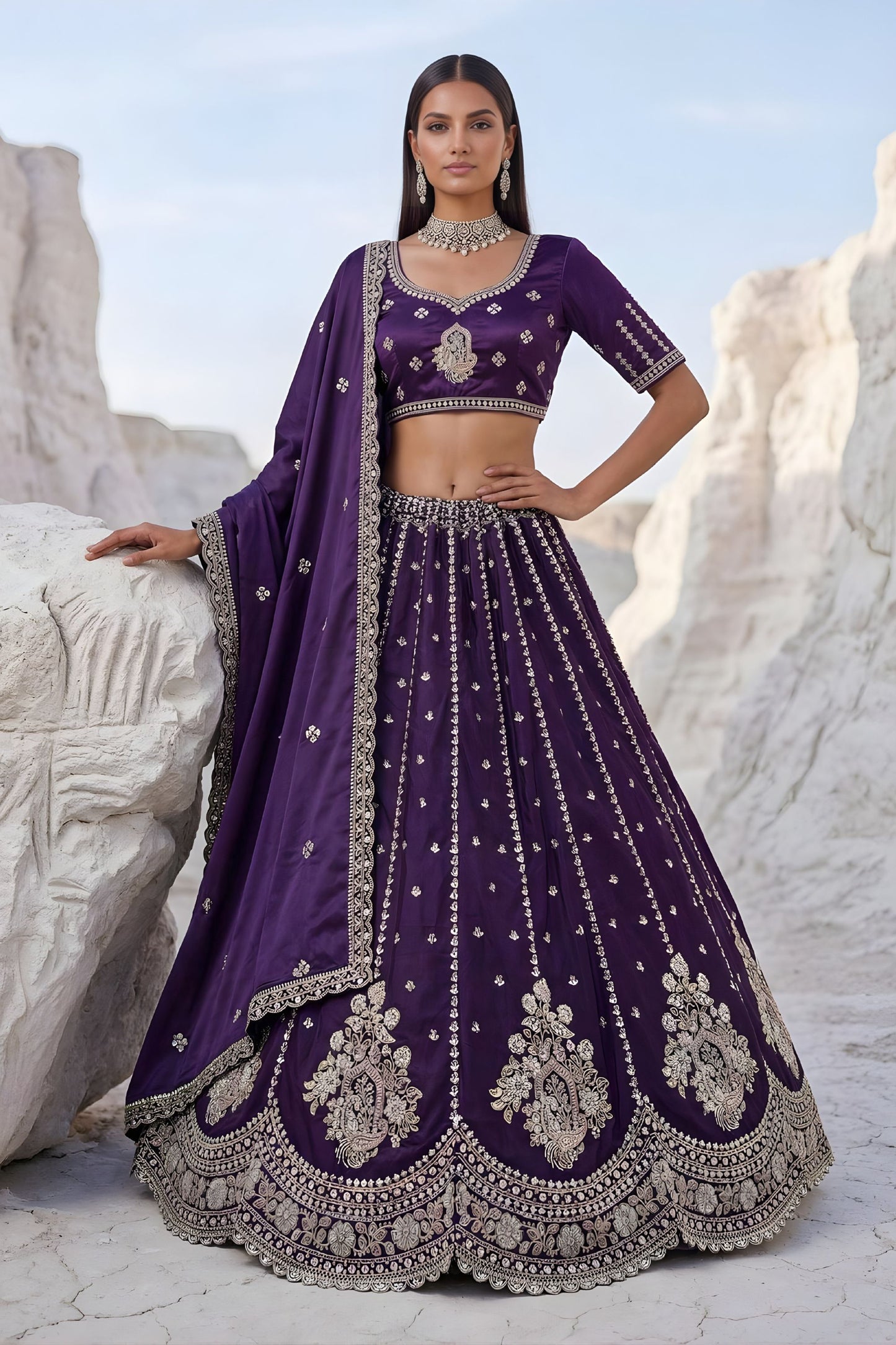 Royal Purple Cadbury Silk Lehenga Choli Designer Dupatta for Wedding