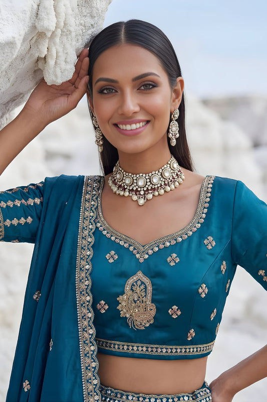 Elegant Peacock Blue Cadbury Silk Lehenga Choli Designer Dupatta for Wedding