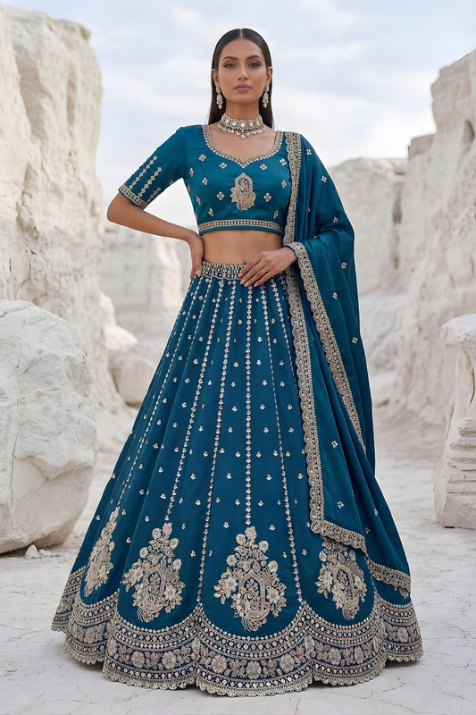 Elegant Peacock Blue Cadbury Silk Lehenga Choli Designer Dupatta for Wedding