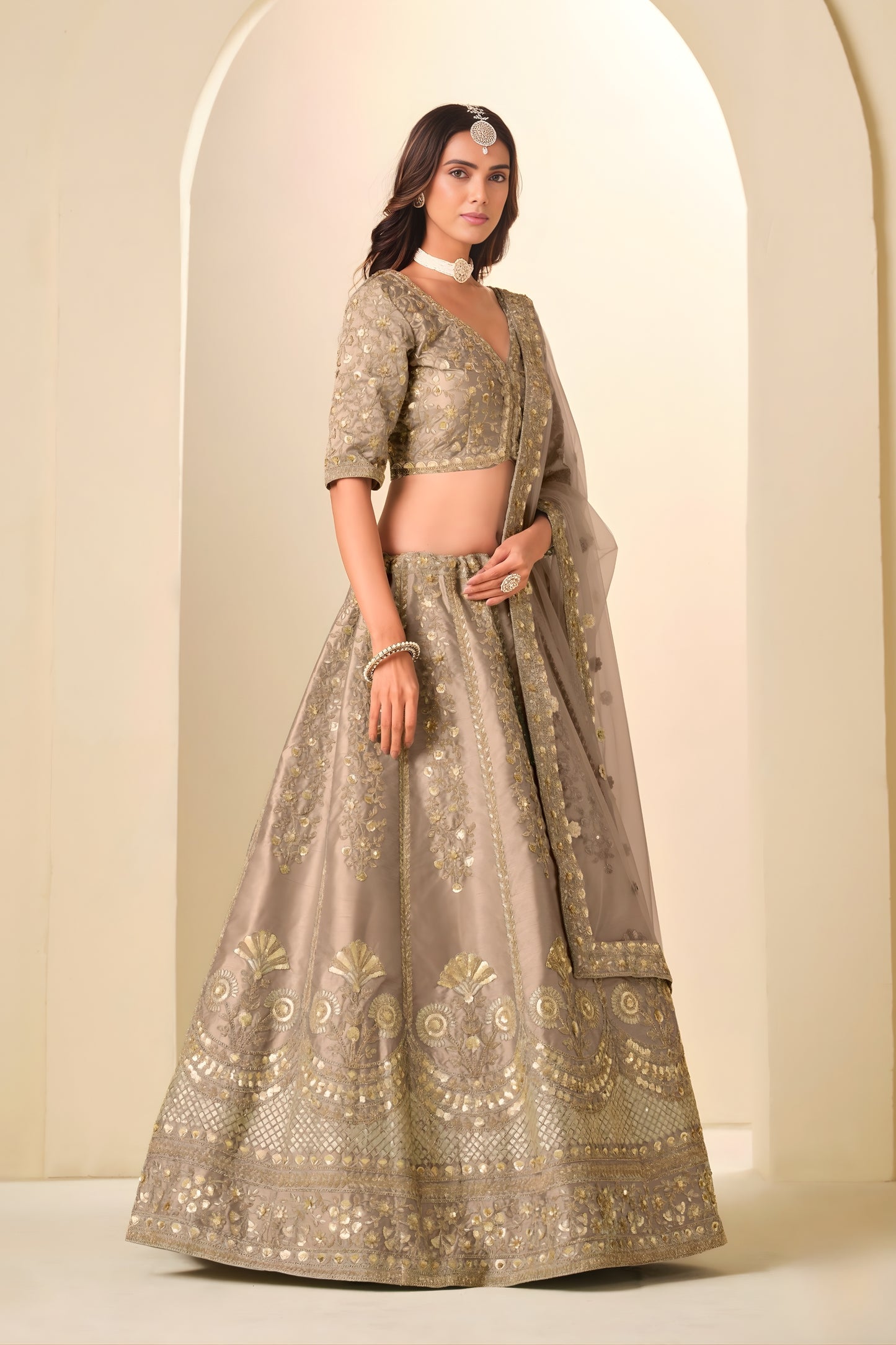 Great Brown Art Silk Embroidered Lehenga Choli Set with Matching Dupatta