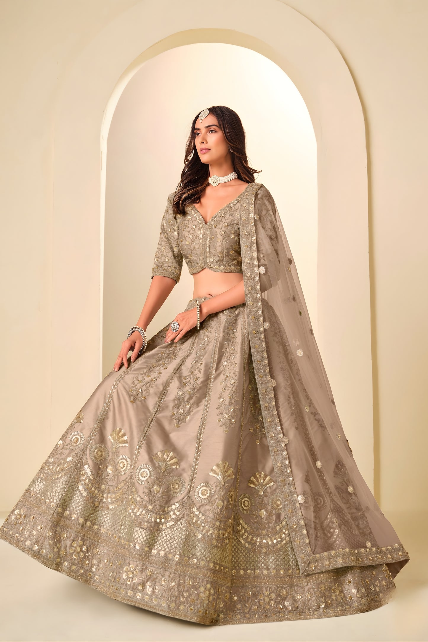Great Brown Art Silk Embroidered Lehenga Choli Set with Matching Dupatta