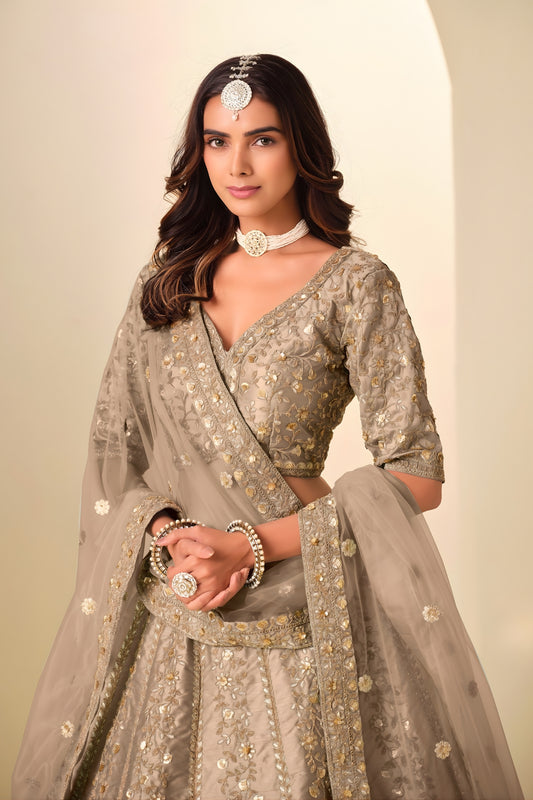 Great Brown Art Silk Embroidered Lehenga Choli Set with Matching Dupatta