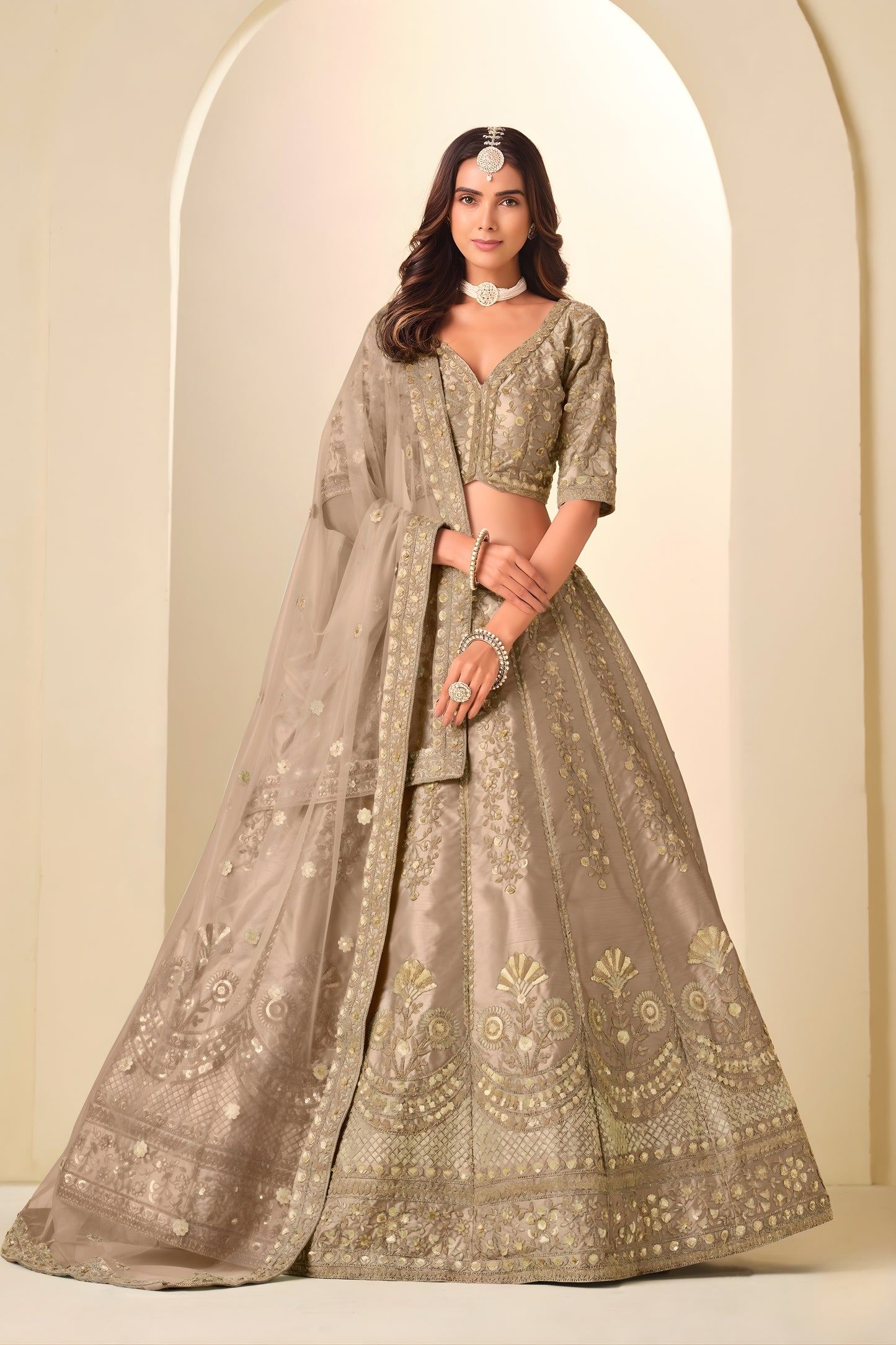 Great Brown Art Silk Embroidered Lehenga Choli Set with Matching Dupatta