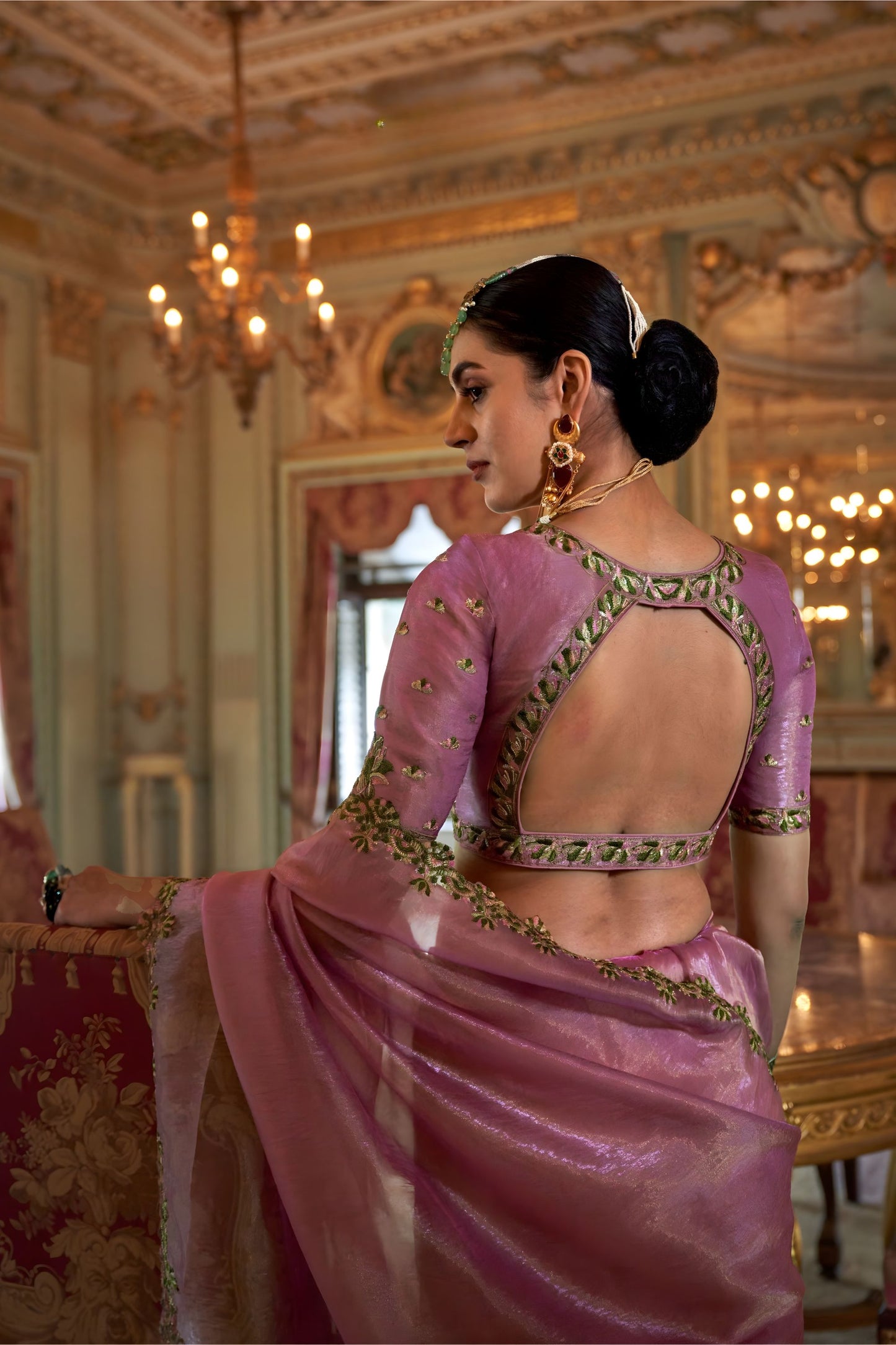 Pink Organza Saree with Zari Embroidered Border Designer Blouse