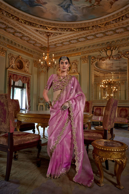  Pink Organza Saree with Zari Embroidered Border Designer Blouse