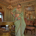  Pista Green Organza Saree Pink Floral Embroidered Border Designer Blouse