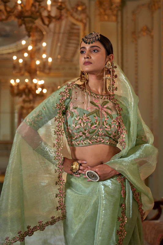 Pista Green Organza Saree Pink Floral Embroidered Border Designer Blouse