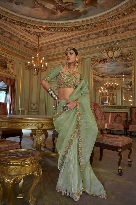  Pista Green Organza Saree Pink Floral Embroidered Border Designer Blouse