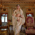 Off-White Organza Saree Green Floral Embroidered Border Designer Blouse 