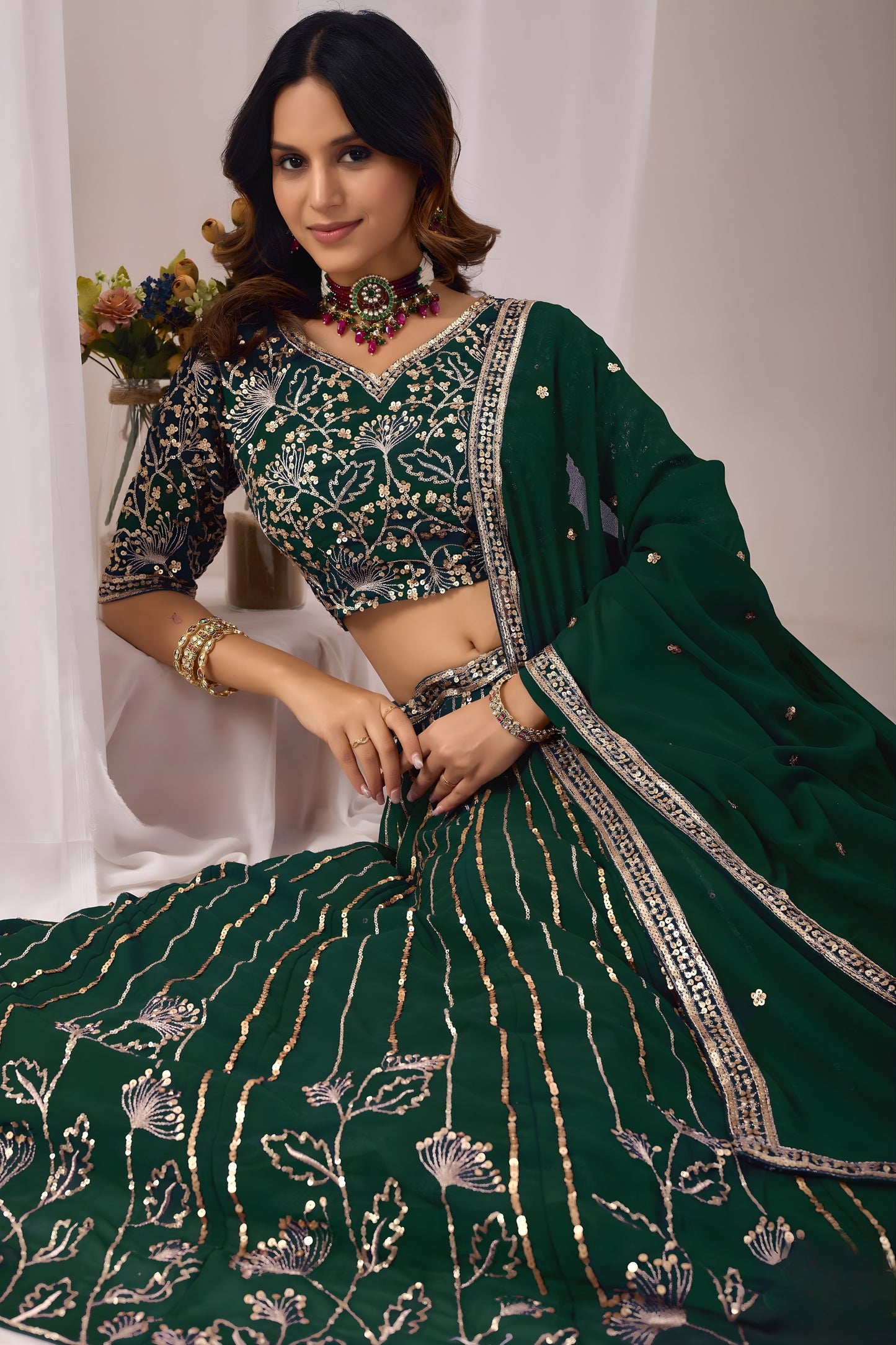 Elegant Rama Green Faux Georgette Embroidered Designer Lehenga Choli with Dupatta for Wedding