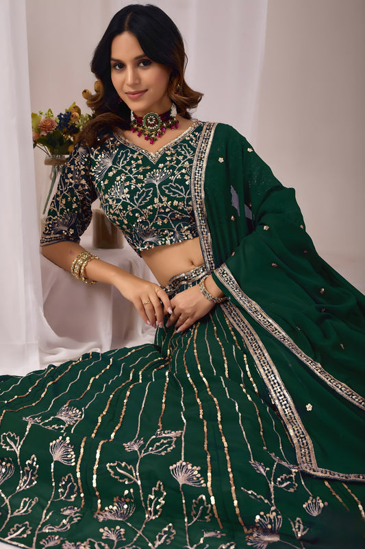 Elegant Rama Green Faux Georgette Embroidered Designer Lehenga Choli with Dupatta for Wedding