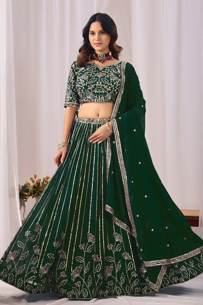 Elegant Rama Green Faux Georgette Embroidered Designer Lehenga Choli with Dupatta for Wedding