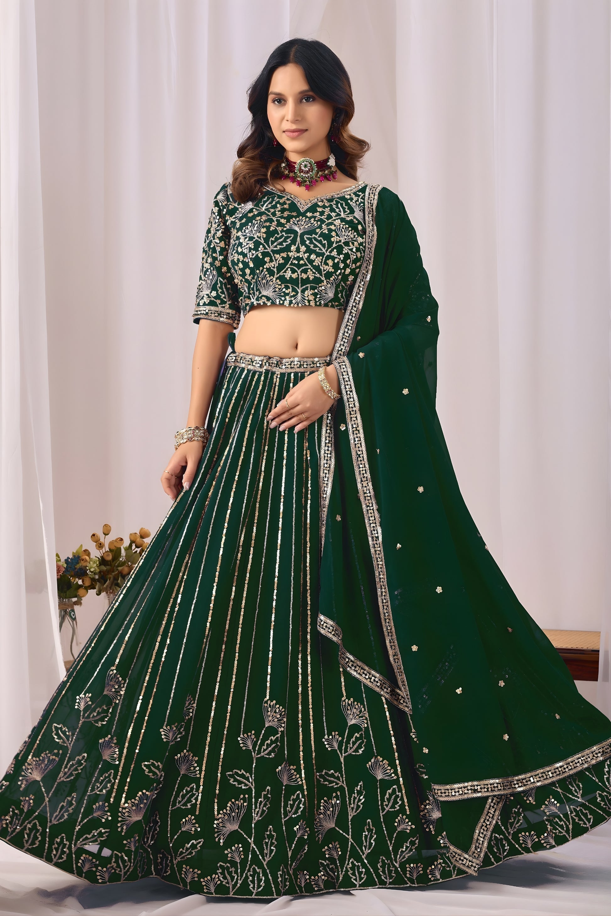 Elegant Rama Green Faux Georgette Embroidered Designer Lehenga Choli with Dupatta for Wedding