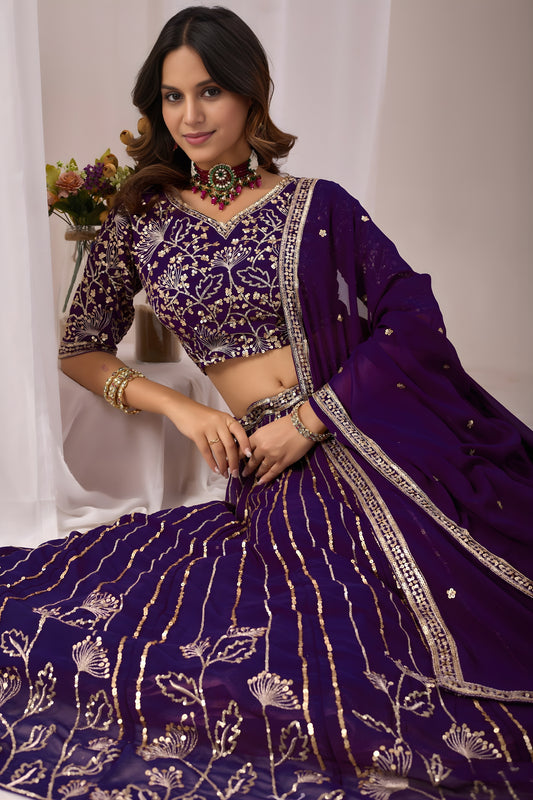 Stylish Purple Faux Georgette Embroidered Designer Lehenga Choli with Dupatta for Wedding