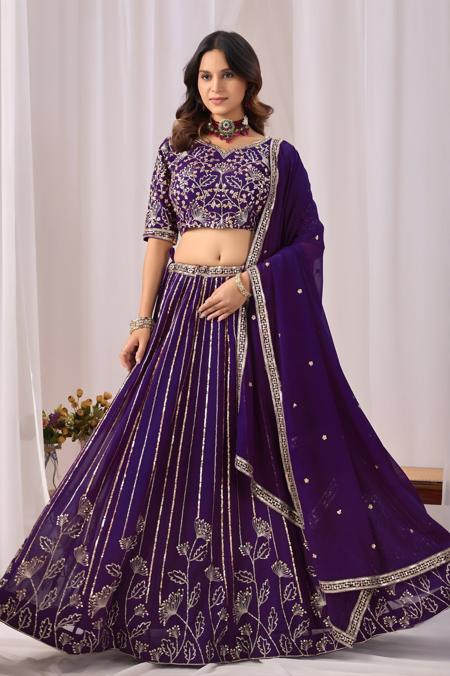 Stylish Purple Faux Georgette Embroidered Designer Lehenga Choli with Dupatta for Wedding