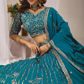 Superb Teal Blue Faux Georgette Embroidered Designer Lehenga Choli with Dupatta for Wedding