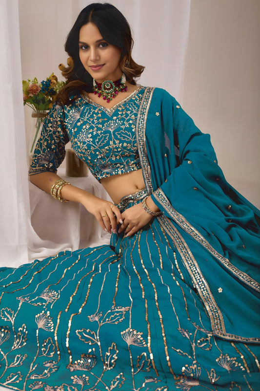 Superb Teal Blue Faux Georgette Embroidered Designer Lehenga Choli with Dupatta for Wedding