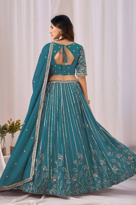 Superb Teal Blue Faux Georgette Embroidered Designer Lehenga Choli with Dupatta for Wedding