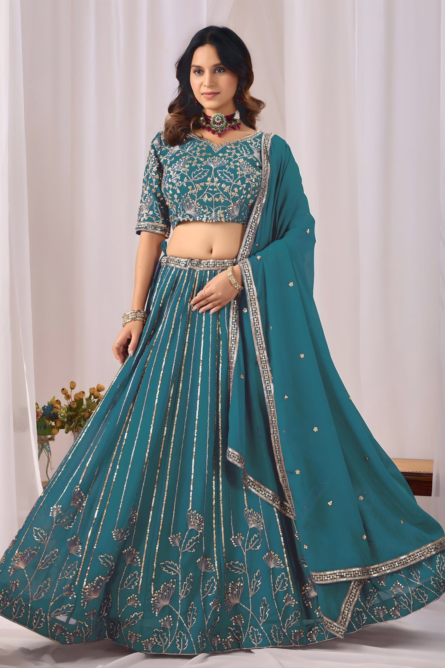 Superb Teal Blue Faux Georgette Embroidered Designer Lehenga Choli with Dupatta for Wedding
