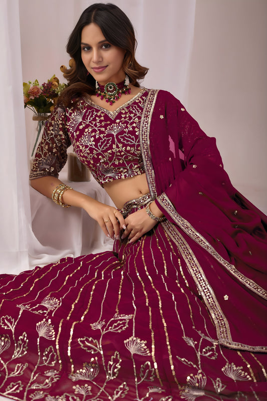 Gorgeous Wine Faux Georgette Embroidered Designer Lehenga Choli with Dupatta for Wedding