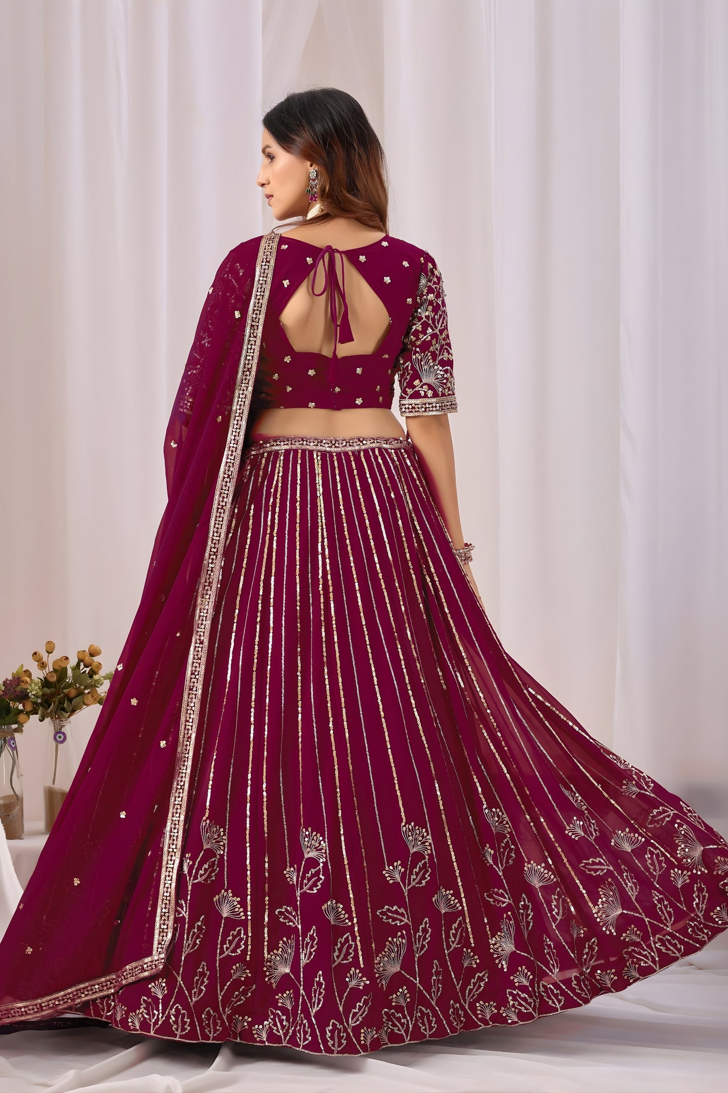 Gorgeous Wine Faux Georgette Embroidered Designer Lehenga Choli with Dupatta for Wedding