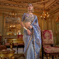 Blue Organza Saree Pink Floral Embroidered Border Designer Blouse