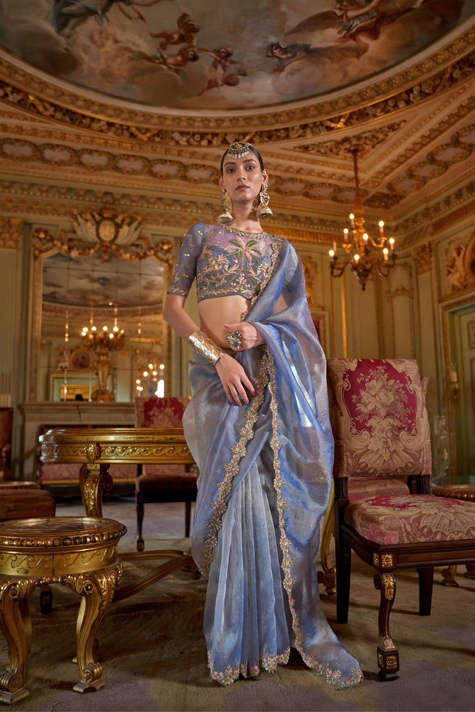  Blue Organza Saree Pink Floral Embroidered Border Designer Blouse