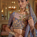 Blue Organza Saree Pink Floral Embroidered Border Designer Blouse