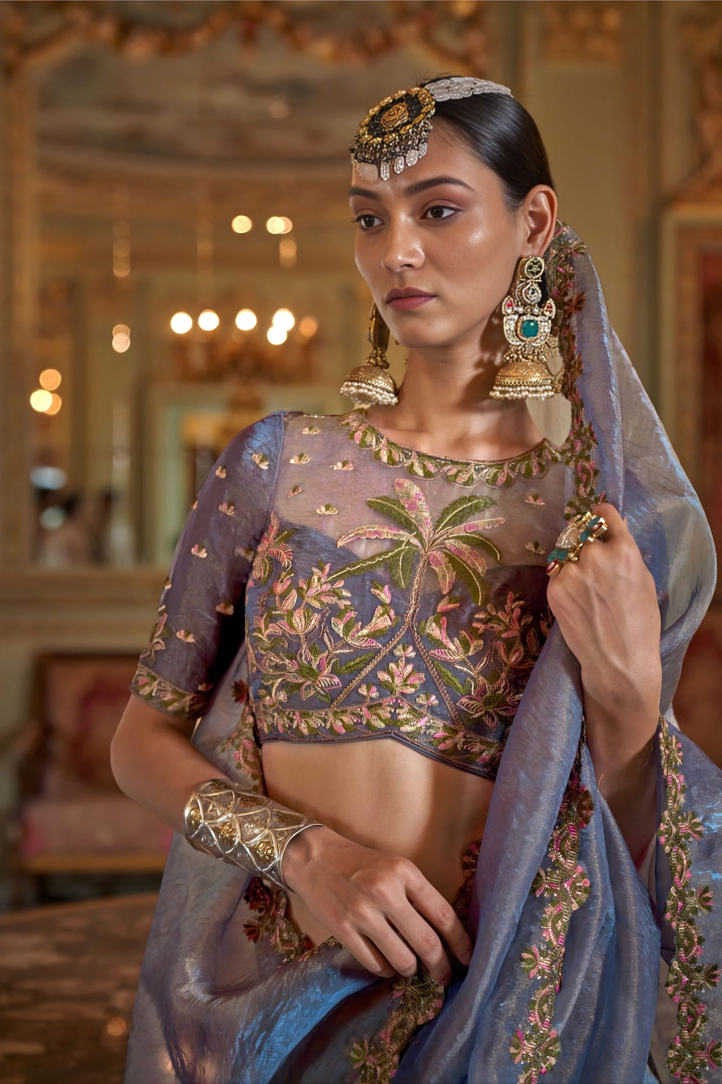 Blue Organza Saree Pink Floral Embroidered Border Designer Blouse