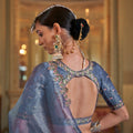 Blue Organza Saree Pink Floral Embroidered Border Designer Blouse