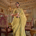 Mustard Yellow Organza Saree Green Floral Embroidered Border 