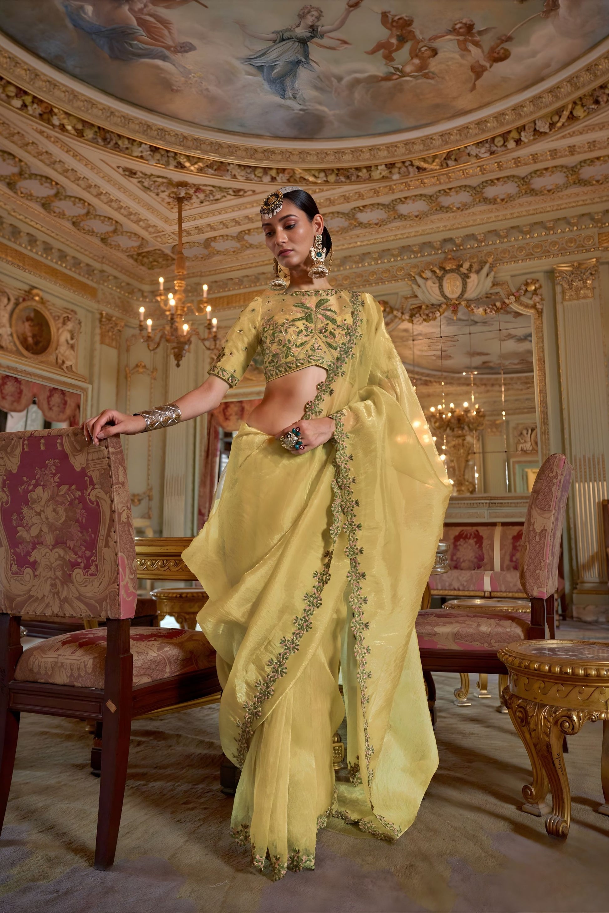 Mustard Yellow Organza Saree Green Floral Embroidered Border 