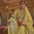 Mustard Yellow Organza Saree Green Floral Embroidered Border