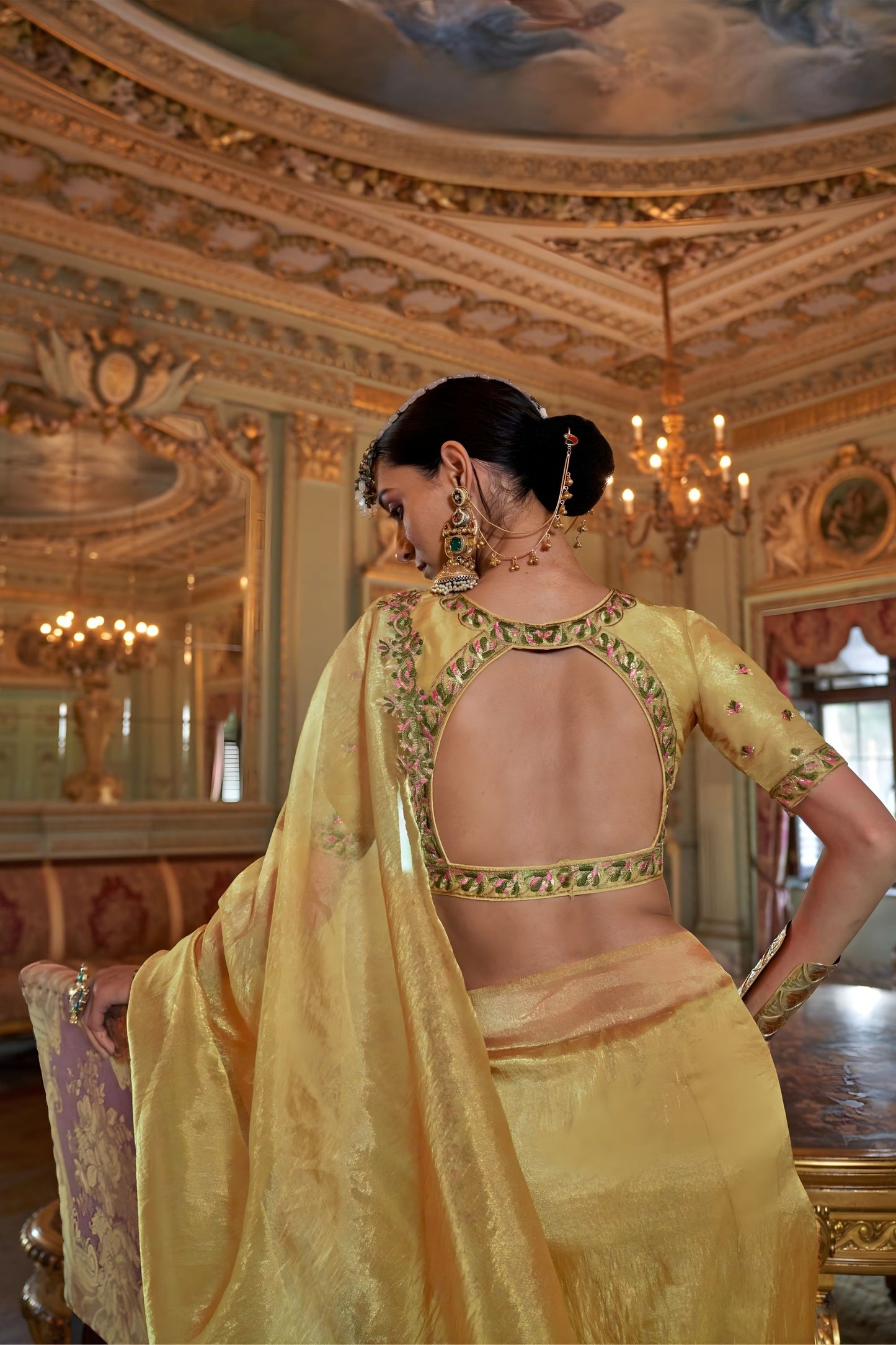 Mustard Yellow Organza Saree Green Floral Embroidered Border