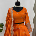 Luxury Orange Satin Silk Lehenga Choli Heavy Sequins Embroidery Border Dupatta