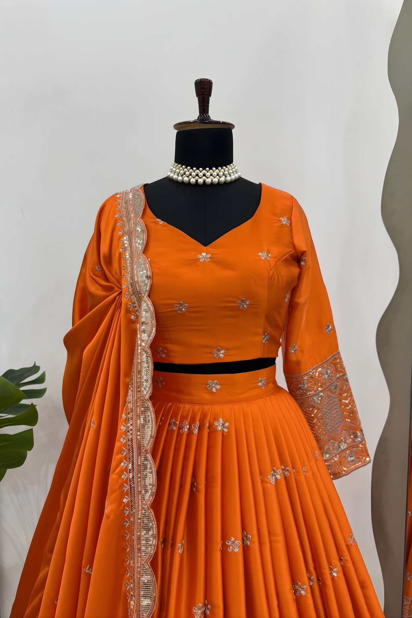 Luxury Orange Satin Silk Lehenga Choli Heavy Sequins Embroidery Border Dupatta
