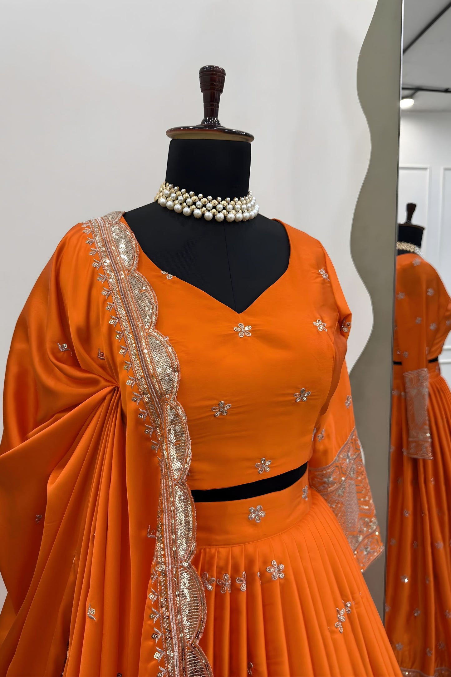 Luxury Orange Satin Silk Lehenga Choli Heavy Sequins Embroidery Border Dupatta