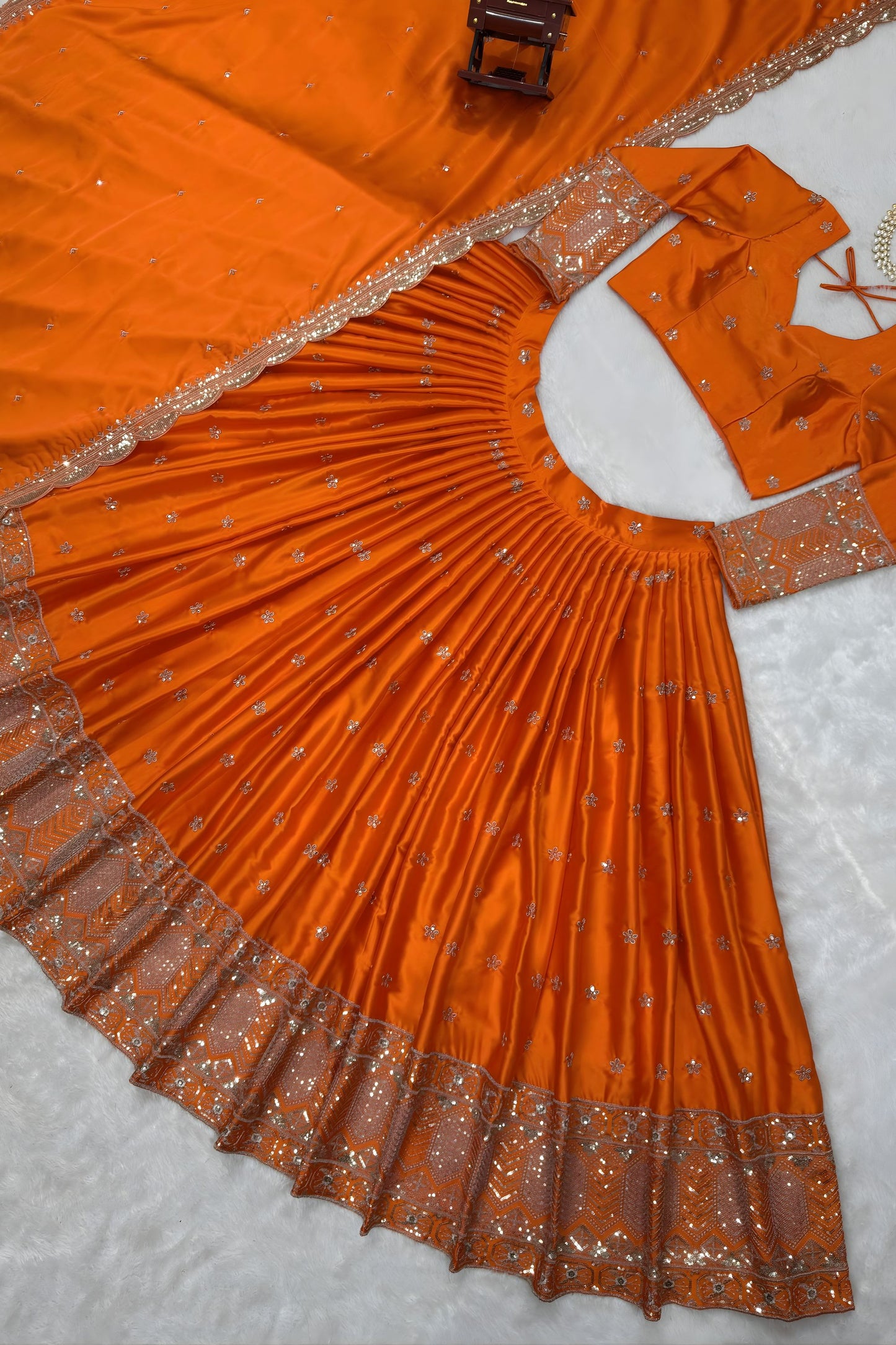 Luxury Orange Satin Silk Lehenga Choli Heavy Sequins Embroidery Border Dupatta