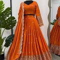 Luxury Orange Satin Silk Lehenga Choli Heavy Sequins Embroidery Border Dupatta