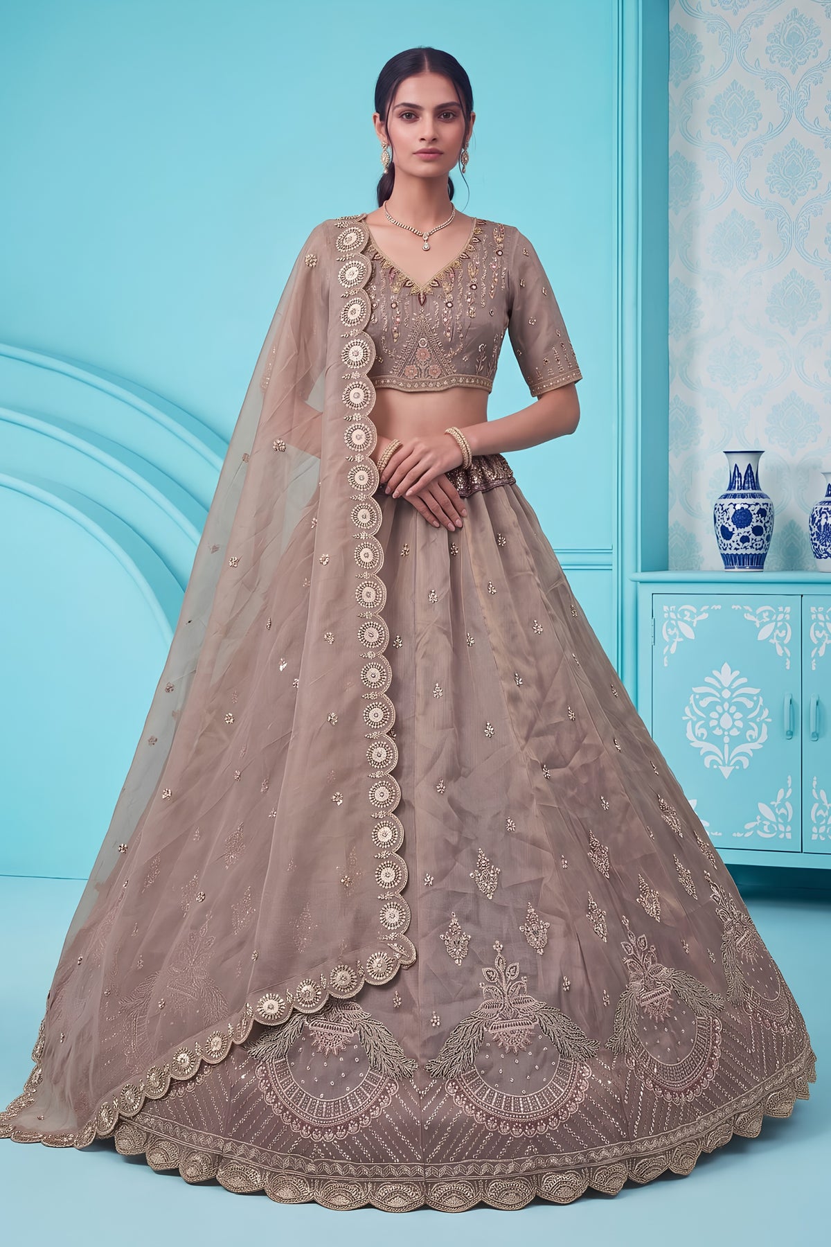 Stylish Brown Chandnia Silk Heavy Designer Lehenga Choli with Multi Thread Work