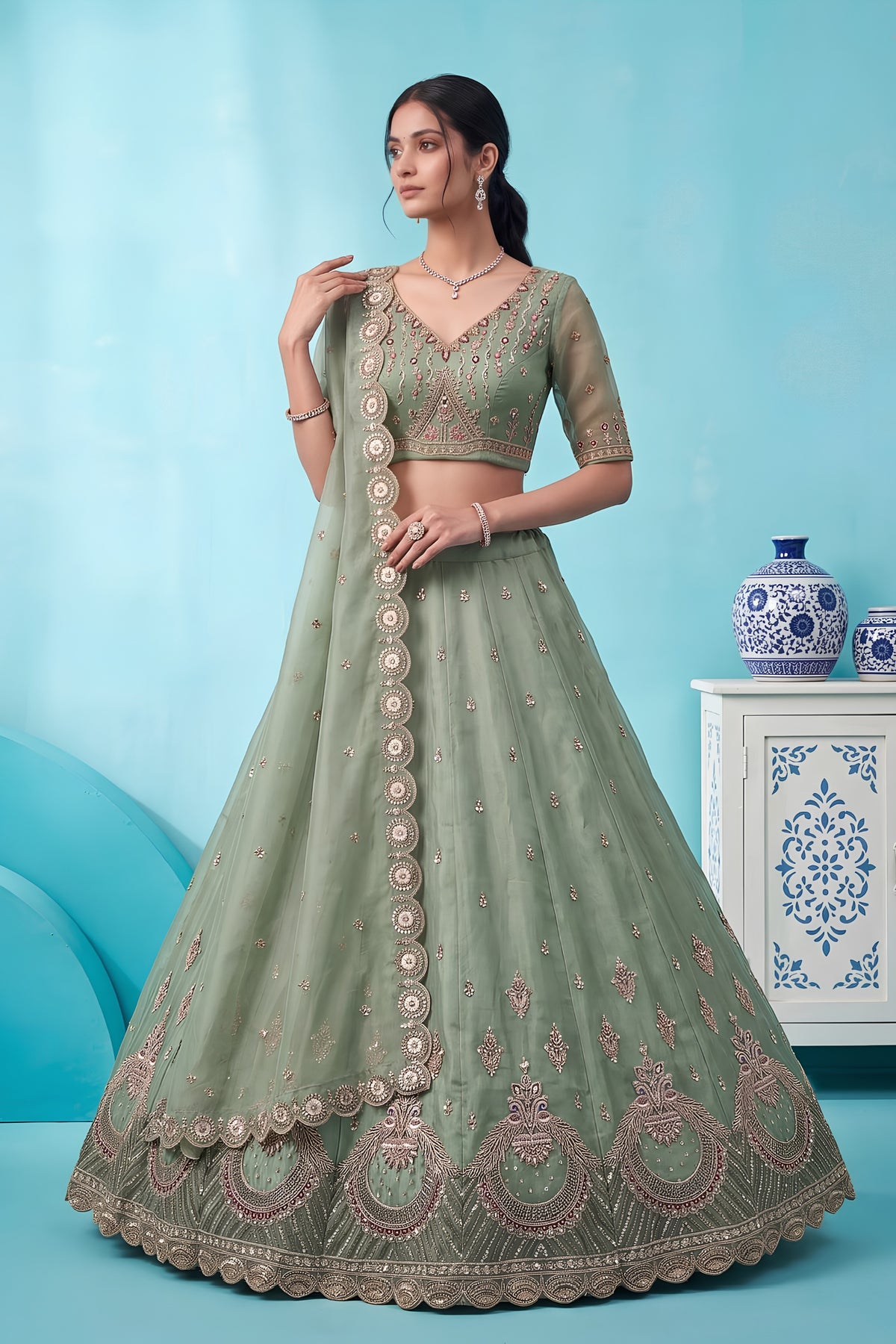 Graceful Pista Green Chandnia Silk Heavy Designer Lehenga Choli with Multi Thread Work