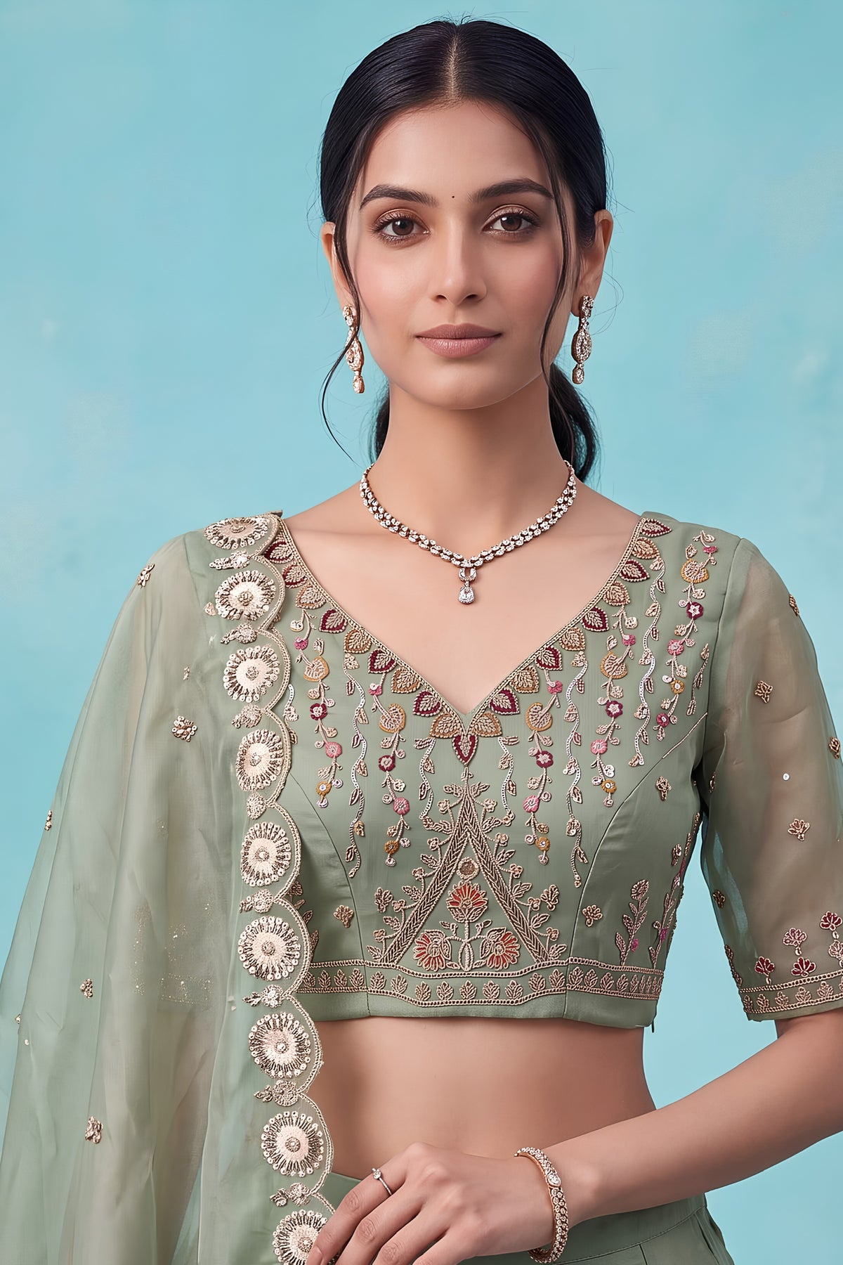 Graceful Pista Green Chandnia Silk Heavy Designer Lehenga Choli with Multi Thread Work