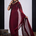 Wine Maroon Organza Saree with Black Embroidery Designer Saree