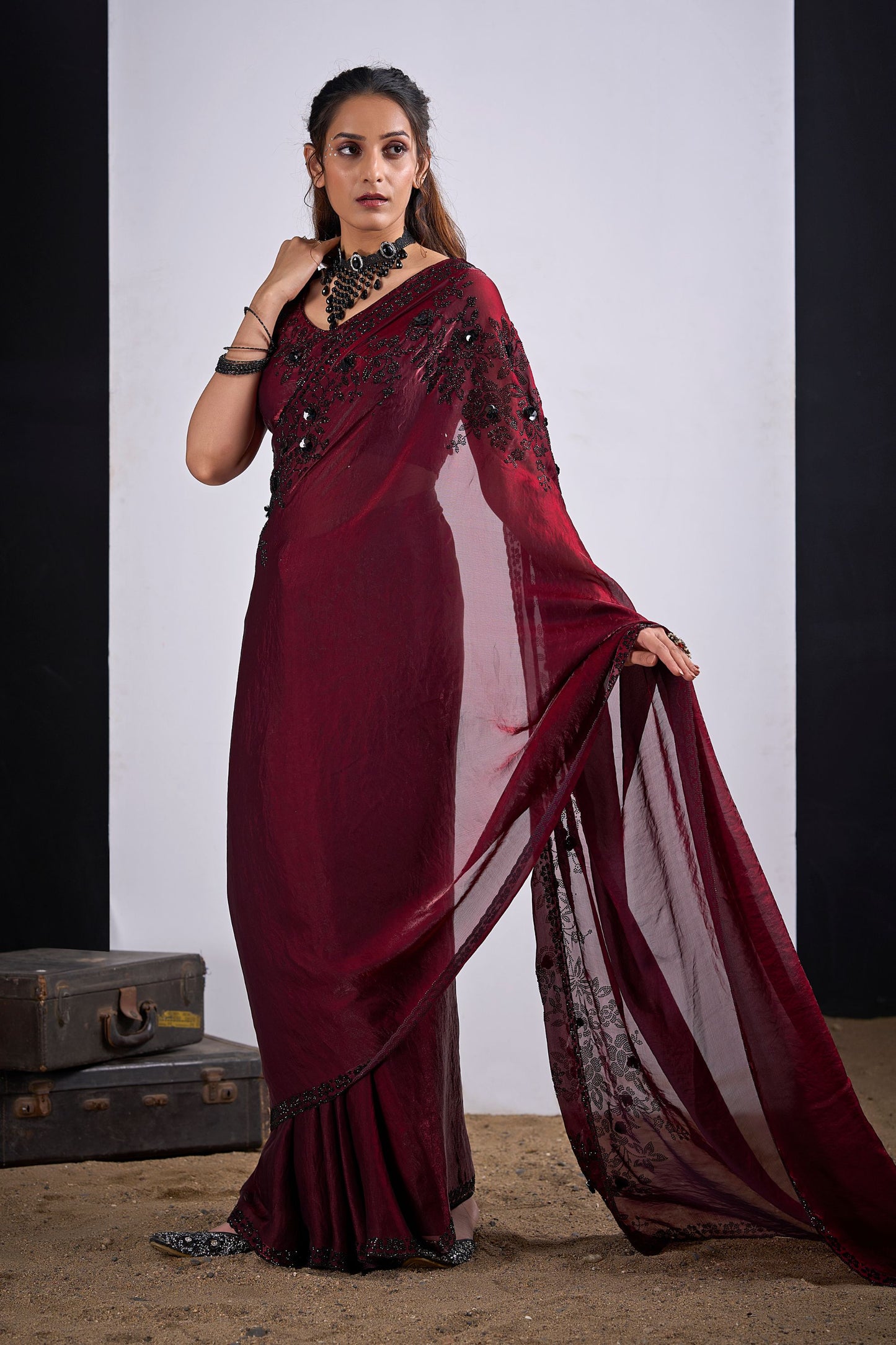 Wine Maroon Organza Saree with Black Embroidery Designer Saree